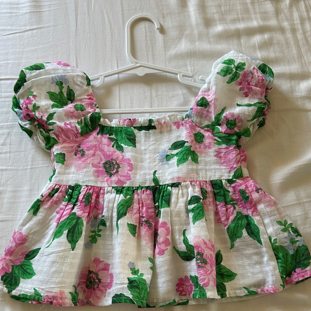 Janie and Jack White Pink and Green Floral Puff Sleeve Top